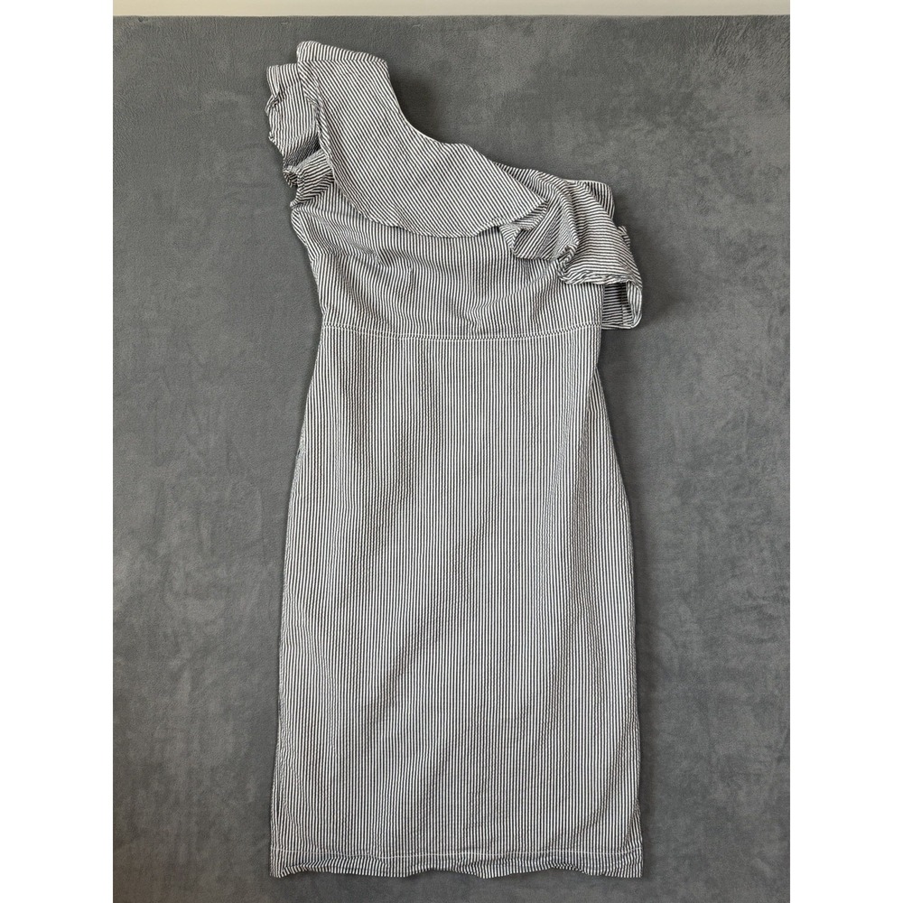 Banana Republic Women's Seersucker One‎ Shoulder White Gray Dress Size 4 Ruffle